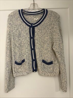 aerie White Marled Cardigan with Blue Trim